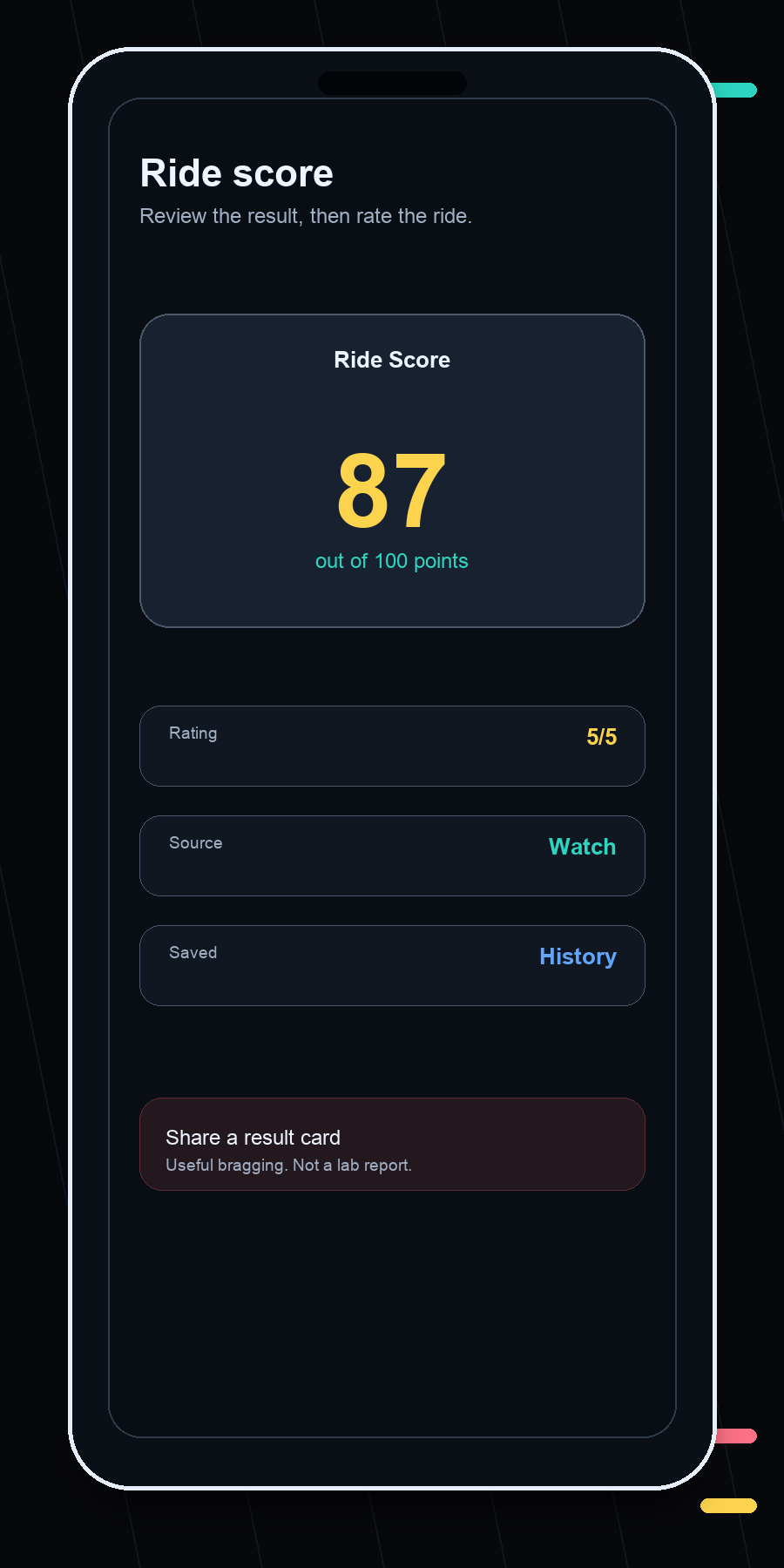 Illustrative AmuseMe screen showing an 87 out of 100 ride score.