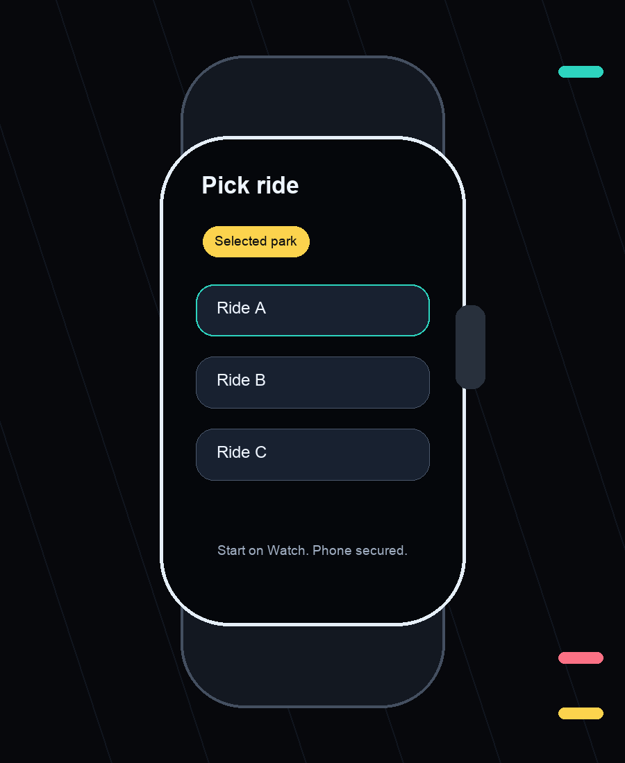 Illustrative Apple Watch screen for choosing a park and ride.