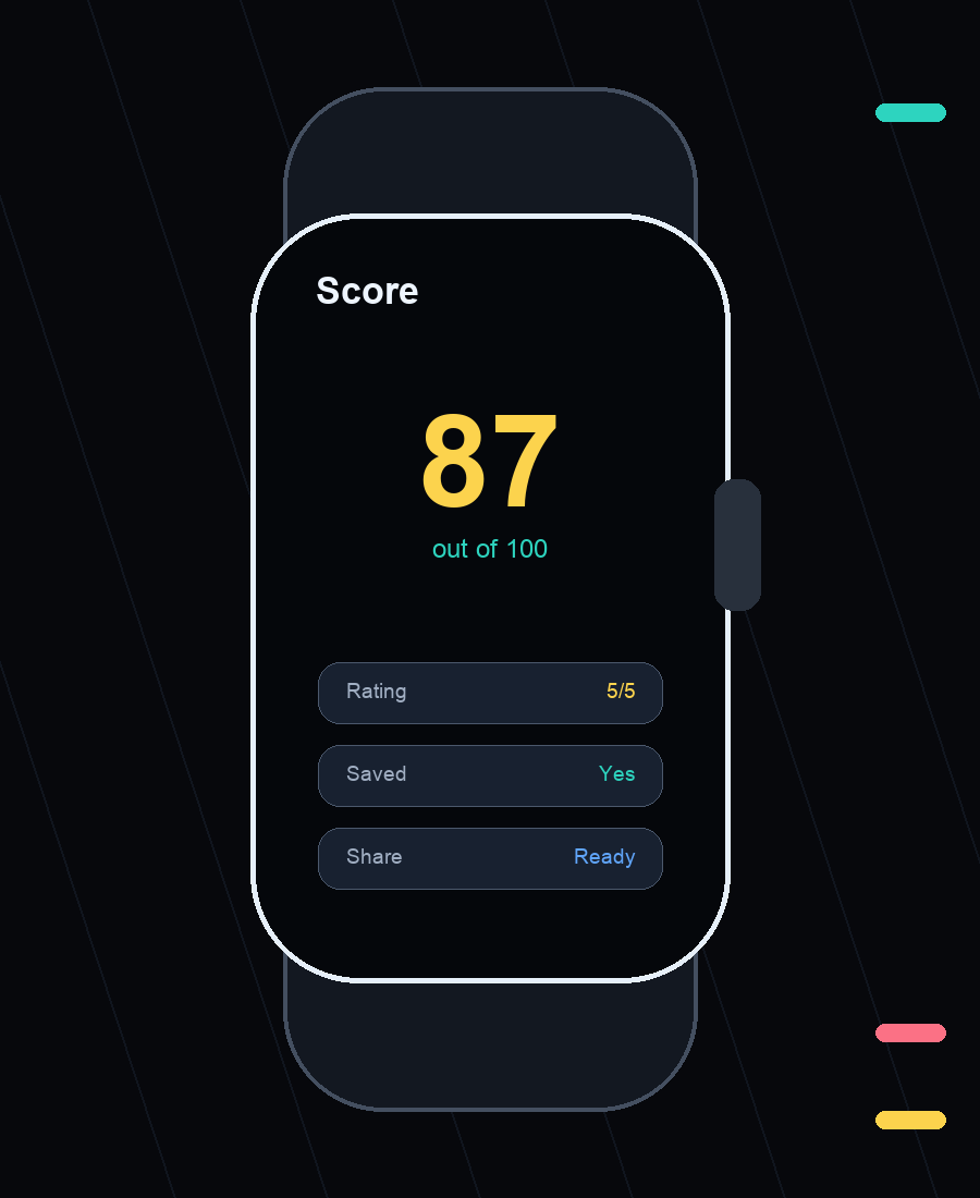 Illustrative Apple Watch screen showing an 87 out of 100 score.
